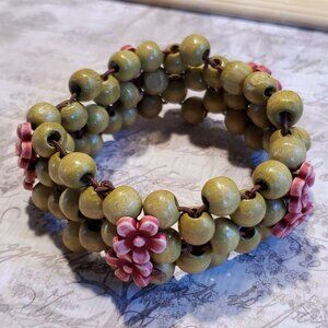 90s Y2K Vintage Green Brown Wood Pink Flower Acrylic OSFA Adjustable Bracelet